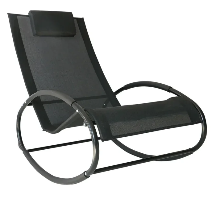 Pool Lounger, Outdoor Rocking Lounge Chair for Sunbathing, Pool, Beach, Porch with Pillow & Cool Mesh, Sun Tanning Rocker, Black