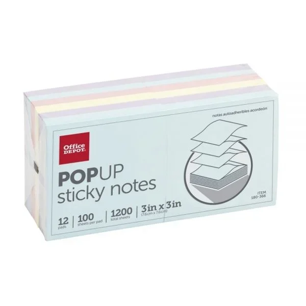 Pop Up Sticky Notes, 3″ x 3″, Assorted Pastel Colors, 100 Sheets Per Pad, Pack Of 12 Pads