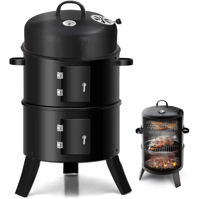 Portable Charcoal Grill 2 tier Outdoor Stove Grills Multifunctional Fire Pit 20″ Complete Smoker for Camping Barbecue, Black