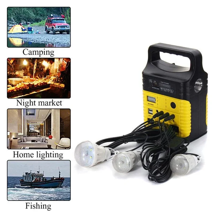 Portable Power Station, Solar Generator with 6W Solar Panel, 2 or 3 LED Light Bulb, Camp Lamps with 5V Output Can Charge Power Bank, USB DC Outlets, for Outdoor Camping, Home Emergency Power Supply