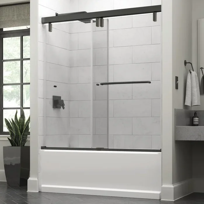 Portman 60 x 59-1/4 in. Frameless Mod Soft-Close Sliding Bathtub Door in Bronze with 3/8 in. (10mm) Clear Glass