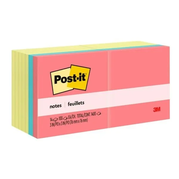 Post-It Notes Value Pack, 3 In X 3 In, 14 Pads, 100 Sheets/Pad, Clean Removal, Canary Yellow And Poptimistic Collection