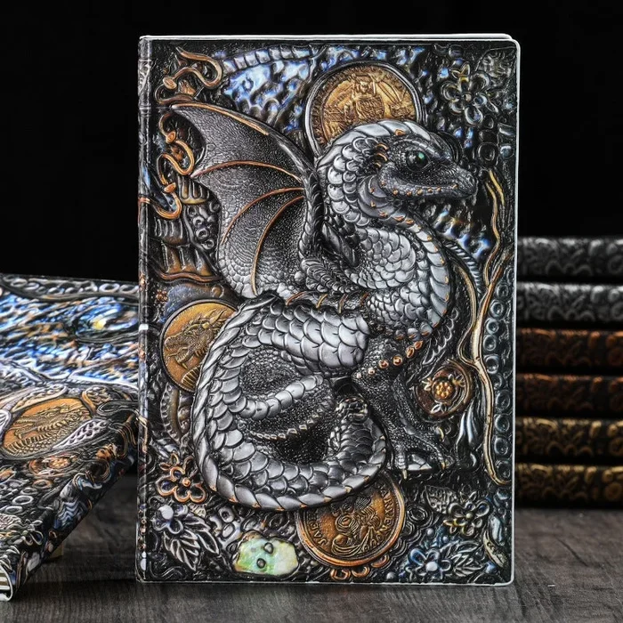 PU Retro 3D Embossed Dinosaur Dragon Notebook – A5