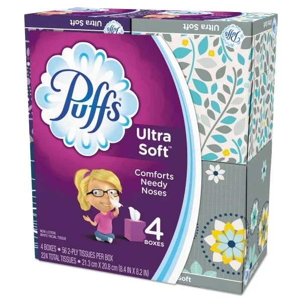 Puffs Ultra Soft Facial Tissue, 2-Ply, White, 56 Sheets/Box, 4 Boxes/Pack, 6 Packs/Carton