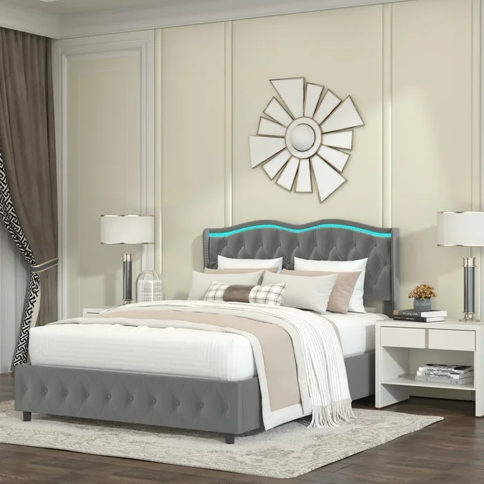 Queen Platform Bed Framevelvet Upholstered Bed With Deep Tufted Buttons And Trim, Adjustable Colorful Led Light Decorative Headboard, Bed Sides With Pull Out Storage 4 Drawers, Grey Queen Grey Velvet
