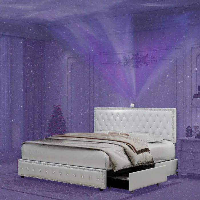 Queen Size Bed Frame With 4 Drawers, Star Galaxy Projector, Usb Charger, Music Speaker, Adjustable Upholstered Headboard With Diamond Button,Pu Leather White Pu Mdf Metal