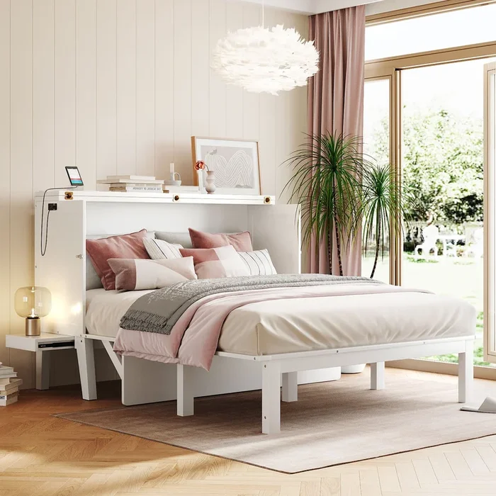 Queen Size Murphy Bed With Usb Port And Removable Shelves On Each Side,White White Solid Wood Mdf