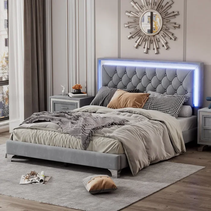 Queen Size Upholstered Bed Frame With Led Lights,Modern Velvet Platform Bed With Tufted Headboard,Gray Gray Velvet
