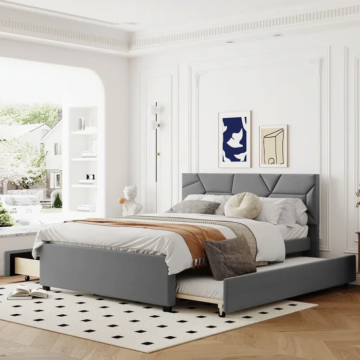Queen Size Upholstered Platform Bed With Brick Pattern Headboard, With Twin Xl Size Trundle And 2 Drawers, Linen Fabric, Gray Gray Linen