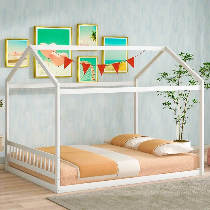 Queen Size Wooden House Bed with Headboard, White