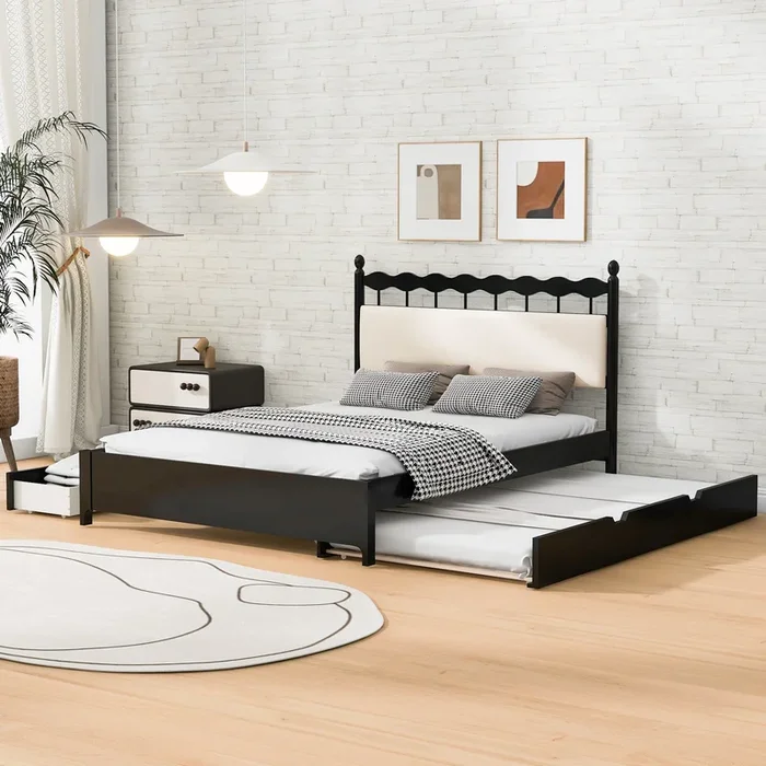 Queen Size Wooden Storage Platform Bed, With 2 Big Drawers, T Size Trundle ,Espresso Queen Espresso Plywood
