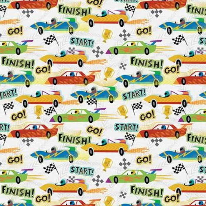 RACE CARS AND WORDS ON WHITE FABRIC – 120-21922 – Working Wheels – Paintbrush Studios