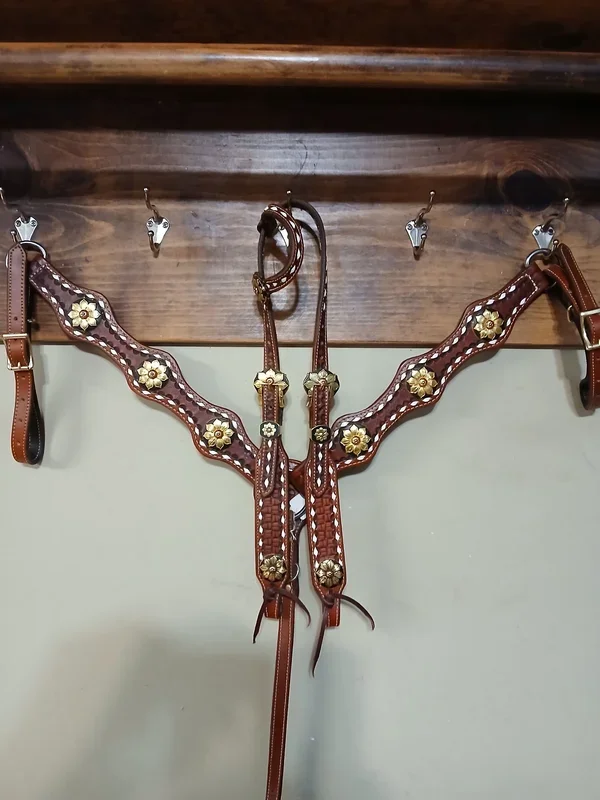 Rafter S. “Gold/Copper Flower with White Buckstitch” Tack Set