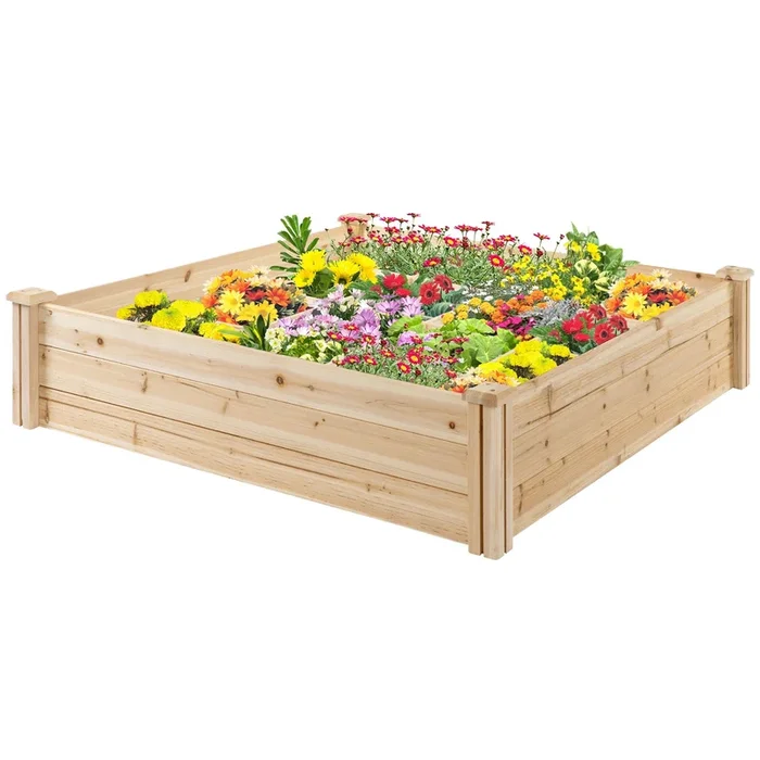 Raised Garden Bed Kit, 4′ x 4′ Outdoor Wooden Planter Box with 9 Growing Grids, for Plants and Herbs