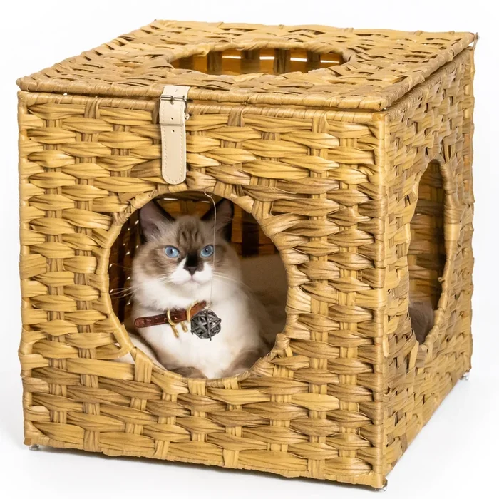 Rattan Cat Litter, Cat Bed with Rattan Ball and Cushion, yellowish brown