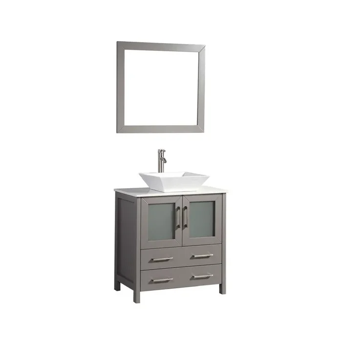 Ravenna 30 in. W x 18.5 in. D x 36 in. H Bathroom Vanity in Grey with Single Basin Top in White Ceramic and Mirror
