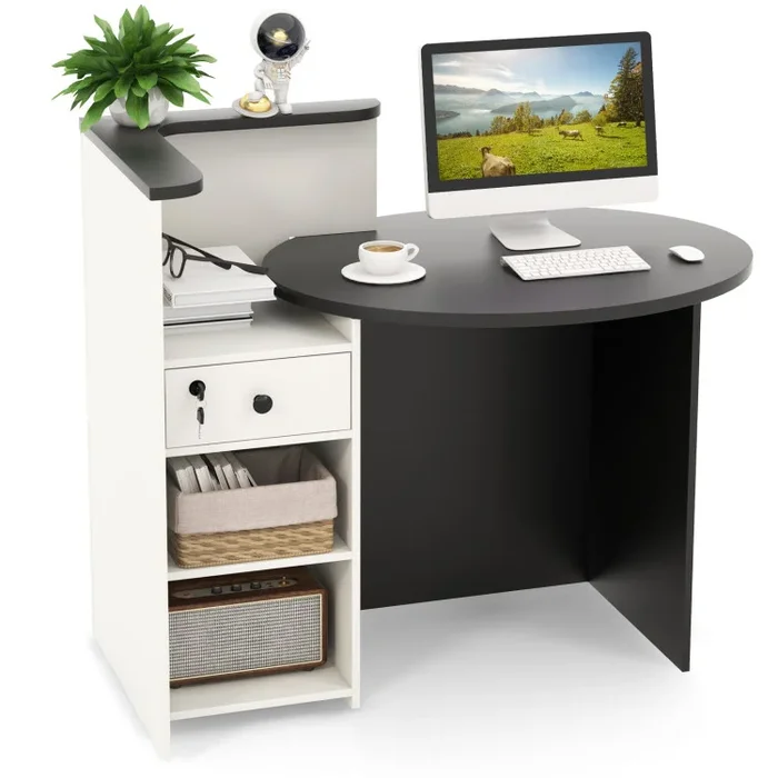Reception Office Desk with Open Shelf and Lockable Drawer