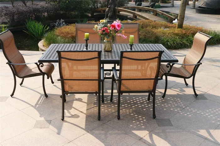 Rectangular 6 Person 85.83″ Long Aluminum Dining Set Antique Bronze Aluminum