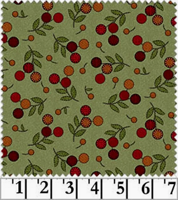 RED BERRIES WITH GREEN LEAVES ON GREEN FLOWER PATCH FLANNEL – MASF8311-G