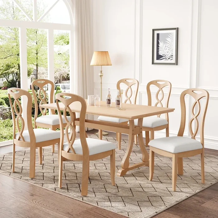 Retro 7-Piece Trestle Dining Table Set with Upholstered Dining Chairs, Smooth Dining Backs for Dining Room, Living Room, Kitchen, Natural