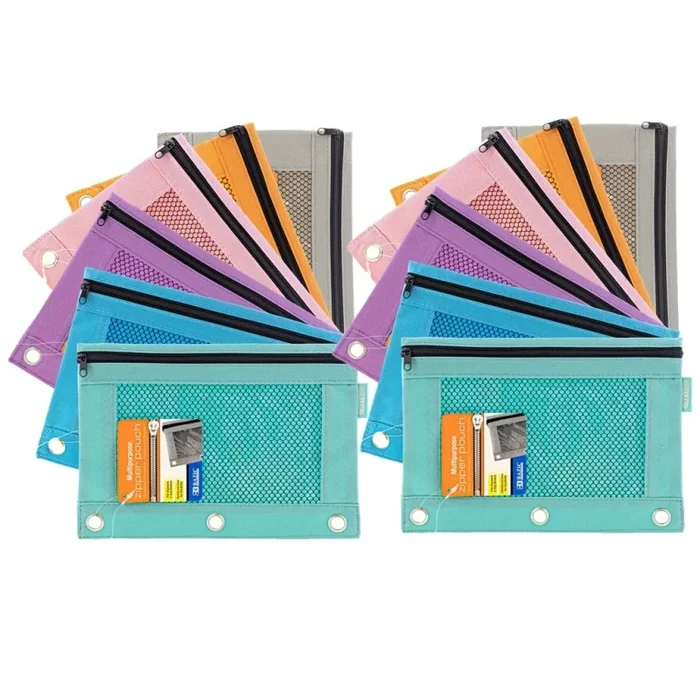 Retro Pastel Colors 3-Ring Pencil Pouch With Mesh Window Pack Of 12