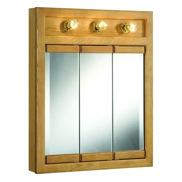 Richland 24 in. W x 30 in. H x 5 in. D Framed 3-Light Tri-View Surface-Mount Bathroom Medicine Cabinet in Nutmeg Oak