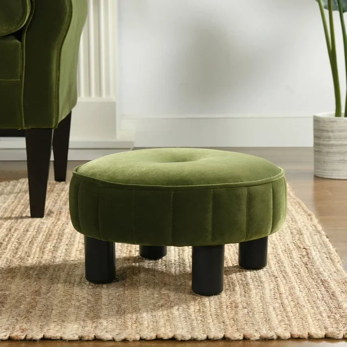 Riley 16″ Round Footstool Ottoman, Olive Green Performance Velvet Olive Green Foam Velvet