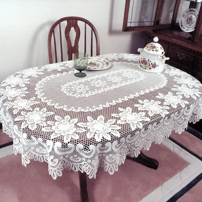 Rose Oval Off-White Polyester Tablecloth