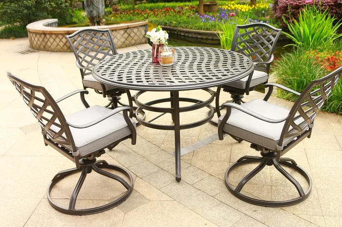 Round 4 Person 49″ Long Aluminum Dining Set With Sunbrella Cushions Brown Grey Polyester Aluminum
