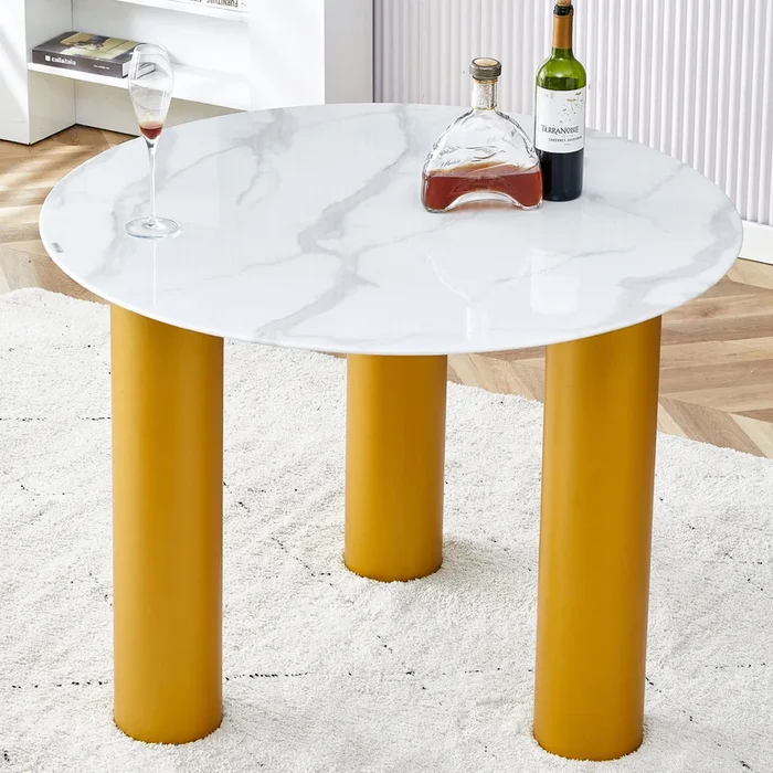 Round White Dining Table, Artificial Marble Glass Stickers, Golden Mdf Legs, Kitchen Dining Table, Living Room Dining Table 40 “* 40” * 29.4 “F X03 White Mdf