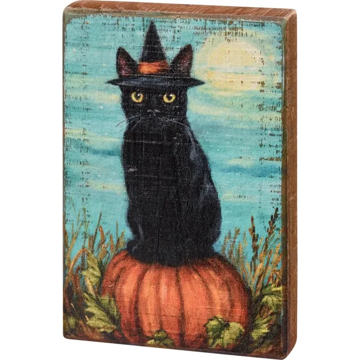 Rustic Wooden Halloween Block Sign Black Cat in Witch Costume