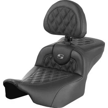 SADDLEMEN Roadsofa™ Extended Reach Seat – with Backrest – Lattice Stitch – Gray Stitch – FLTR/FLHX ’23-’24 823-07-184B2