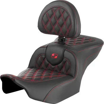 SADDLEMEN RoadSofa™ Seat – with Backrest – Lattice Stitch – Red Stitch – FLTR/FLHX ’23-’24 823-07-182B4