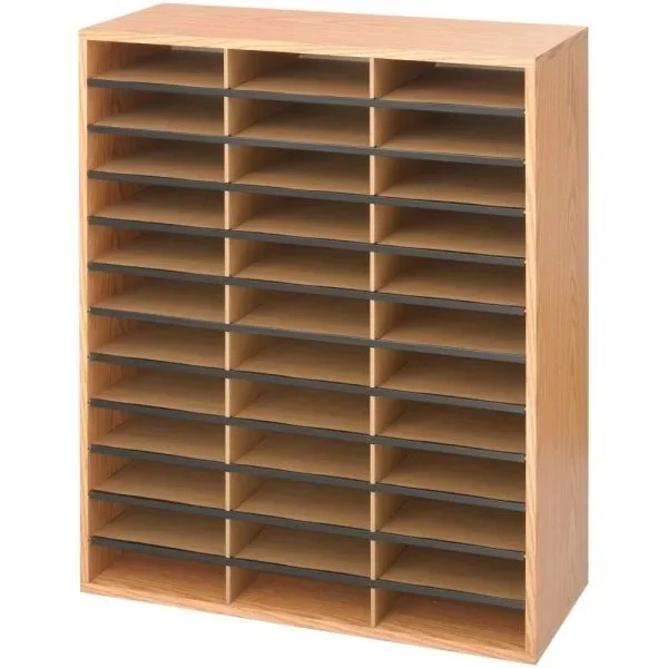 Safco Wood/Corrugated Literature Organizer – 36 Compartments, Medium Oak