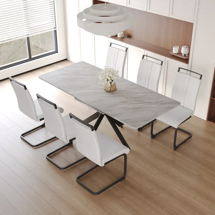 Scalable Dining Table Table Set For 6 8 Person For Dining Room,C Shaped Tube Soft Padded Armless Dining Chairs And Very Large Dining Room Table Kitchen Table Chair Set With Metal Legs Grey White Mdf Metal