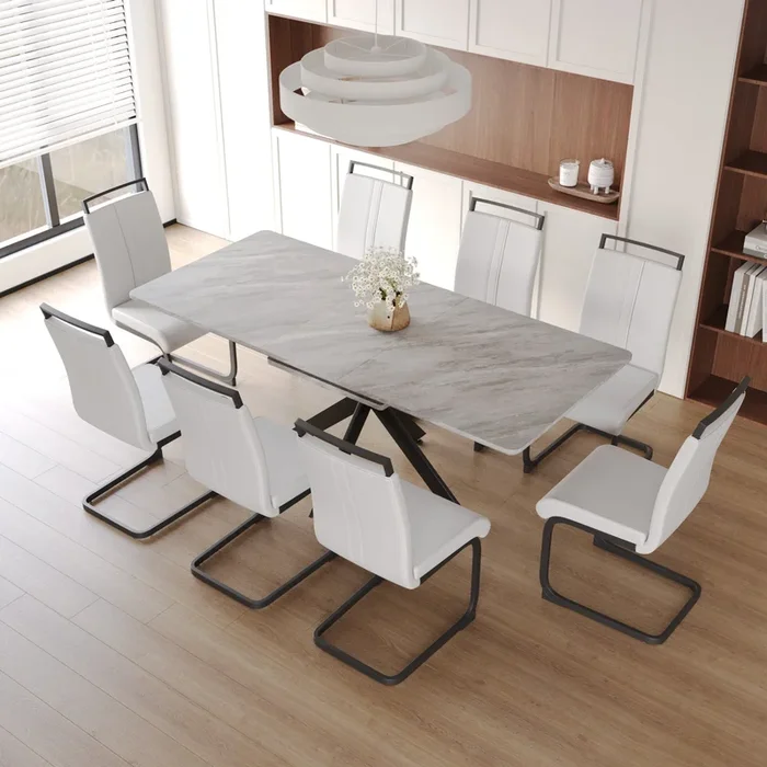 Scalable Dining Table Table Set For 6 8 Person For Dining Room,C Shaped Tube Soft Padded Armless Dining Chairs And Very Large Dining Room Table Kitchen Table Chair Set With Metal Legs Grey White Mdf Metal