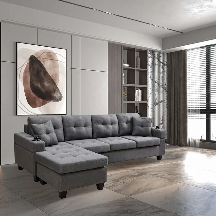 sectional sofa left with footrest, convertible corner sofa with armrest storage, sectional sofa for living room and apartment, chaise longue left (grey)