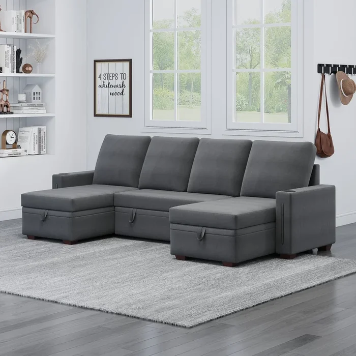 Sectional Sofa With Storage, 96″ U Shaped Sectional Couches For Living Room, Comfy Convertible Sectional Sofa Dark Grey Dark Grey Linen Primary Living Space Cushion Back Soft Modern Eucalyptus Square Arms Foam Linen 4 Seat