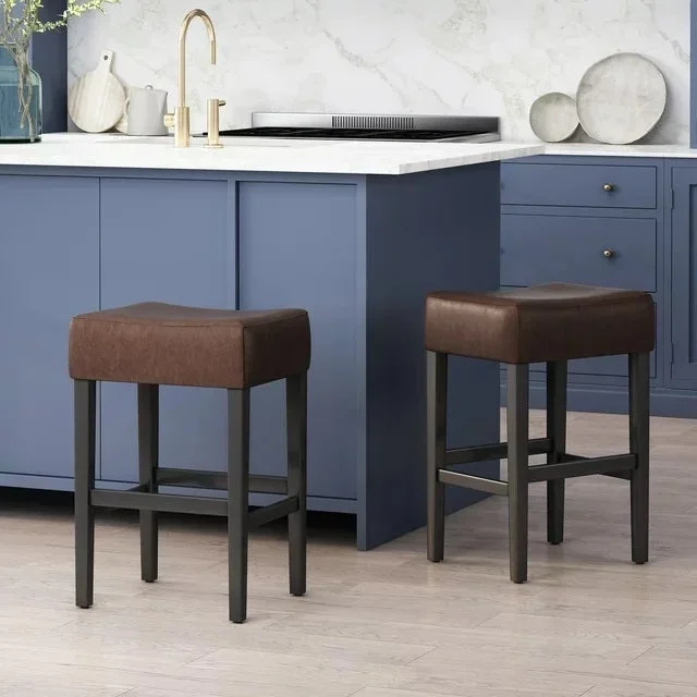 Set Of 2, 26.75″ Backless Leather Counter Height Barstool Dark Brown Pu