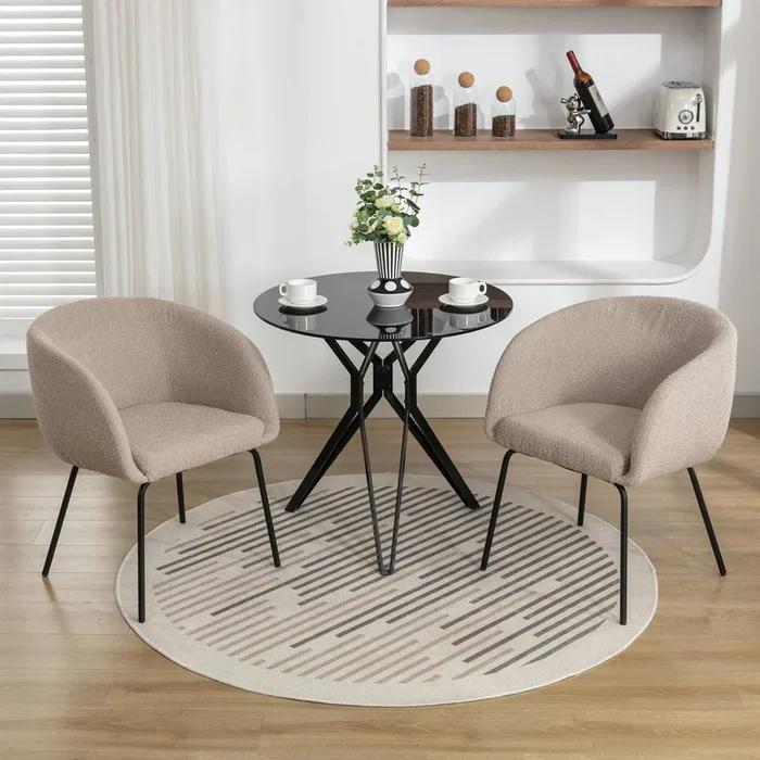 Set of 2 Boucle Fabric Dining Chairs With Black Metal Legs,Light Coffee