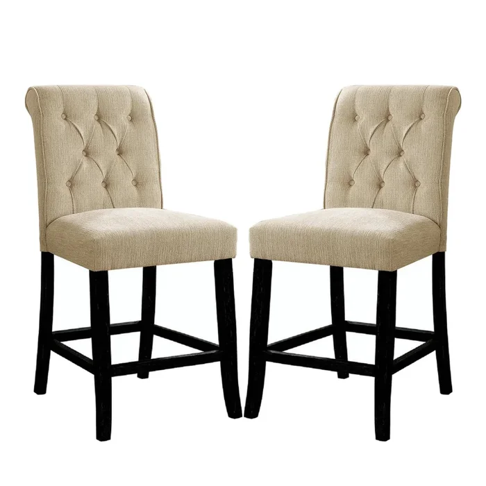 Set Of 2 Padded Chenille Dining Chairs In Beige And Antique Black Solid Antique Black Dining Room Dining Chairs Wood Fabric