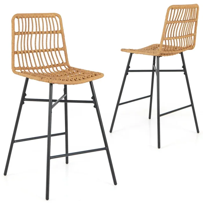 Set of 2 Rattan Bar Stools with Sturdy Metal Frame