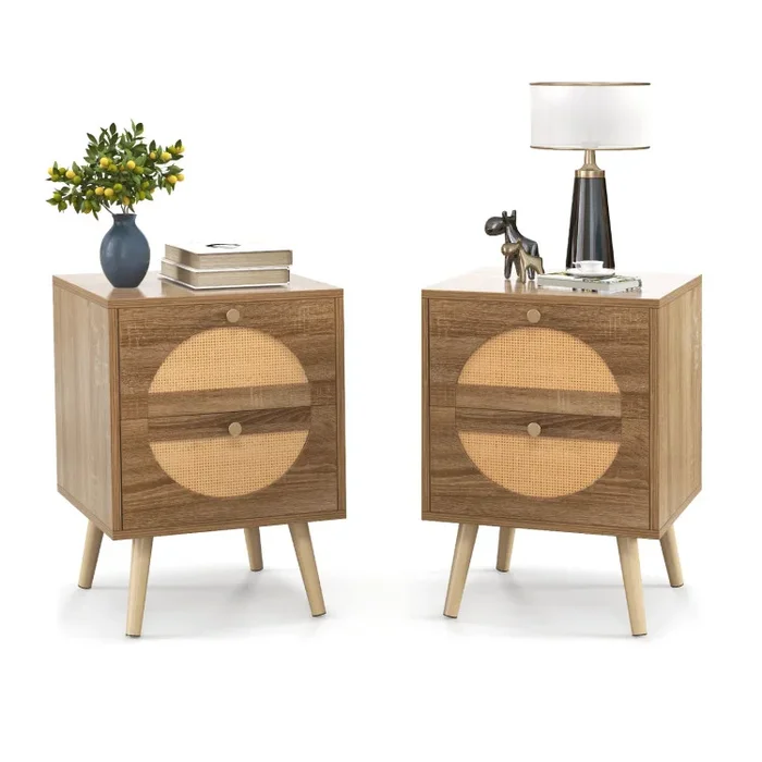 Set of 2 Rattan Nightstand with 2 Drawers and Solid Wood Legs
