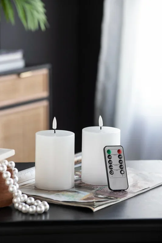 Set Of 2 White Led Candles With Wick And Remote Control Timer, 3X4″ White Classic Plastic