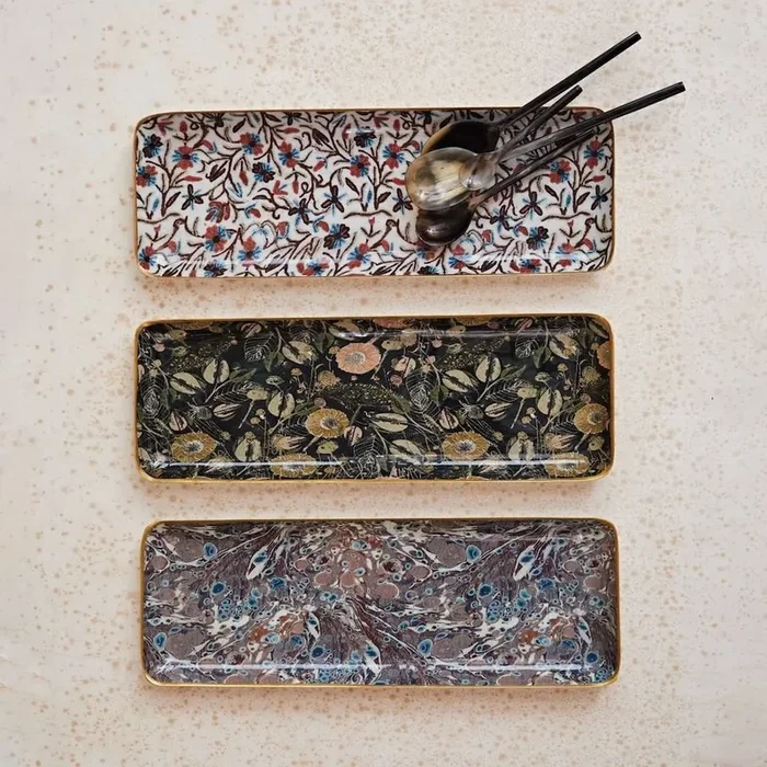 Set of Three Enameled Serving Trays with Gold Edging