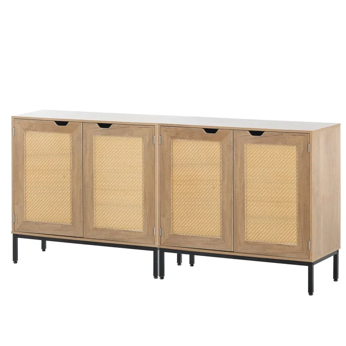 Set2 of Rustic Accent Storage Cabinet with 2 Rattan Doors, Mid Century Natural Wood Sideboard Furniture for Living Room