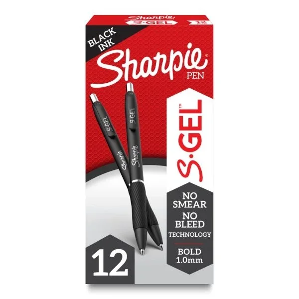 Sharpie S Gel Pens, Bold Point, 1.0 Mm, Black Barrel, Black Ink, Pack Of 12 Pens