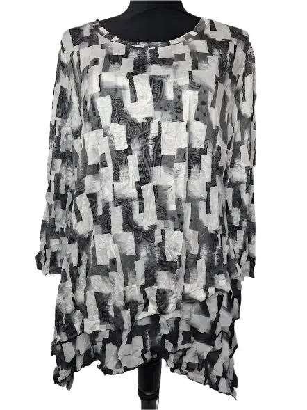 Shirt Pullover Crinkle Mesh Long Sleeve Black/White Women’s 25619BW