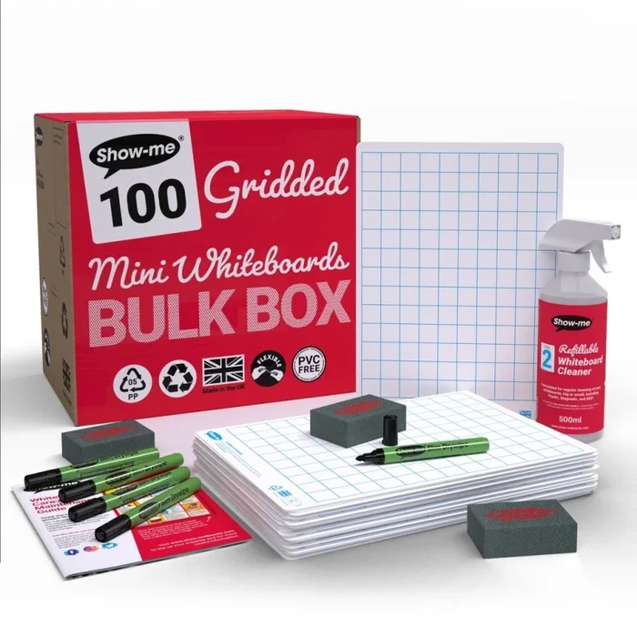 Show-Me Bulk Box Of 100 X A4 Gridded/Plain Dry Erase Boards, Pens And Erasers Plus A Free Cleaner
