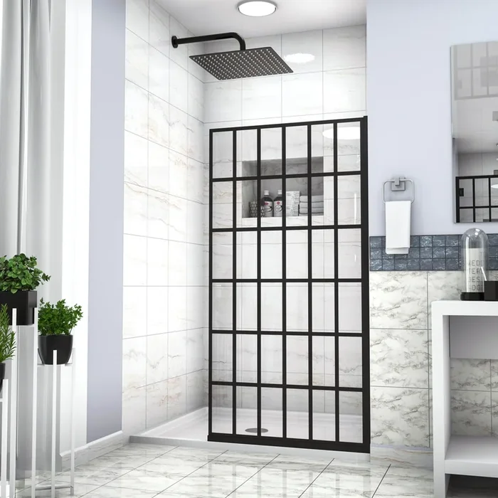 Shower Door 38″ W x 72″ H Single Panel Frameless Fixed Shower Door, Open Entry Design in Matte Black
